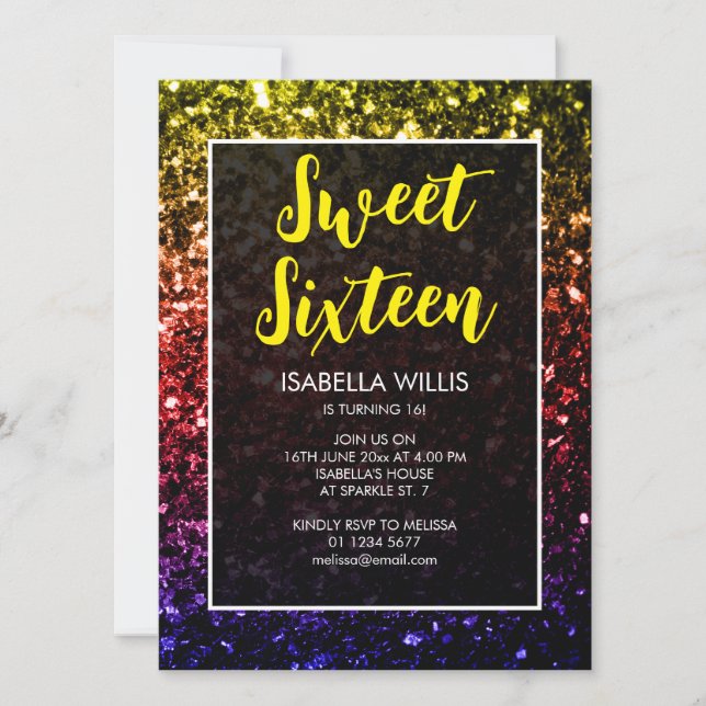 Rainbow colourful sparkles Sweet 16 elegant script Invitation (Front)