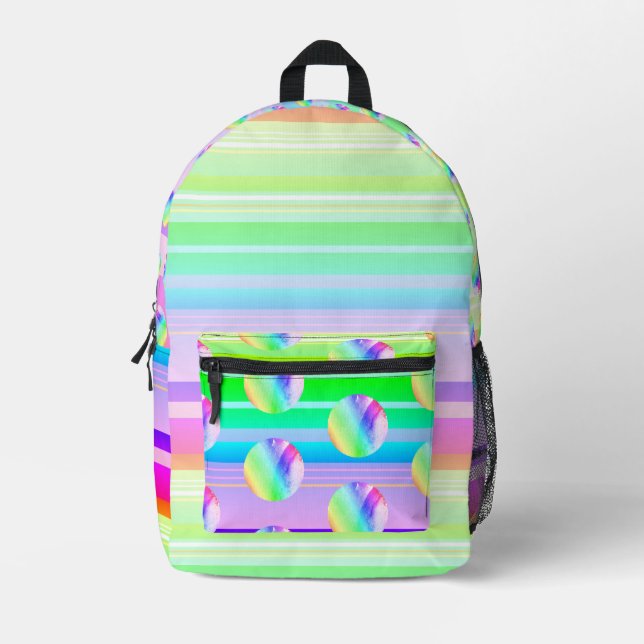 Rainbow colourful stripes and dots printed backpack (Front)