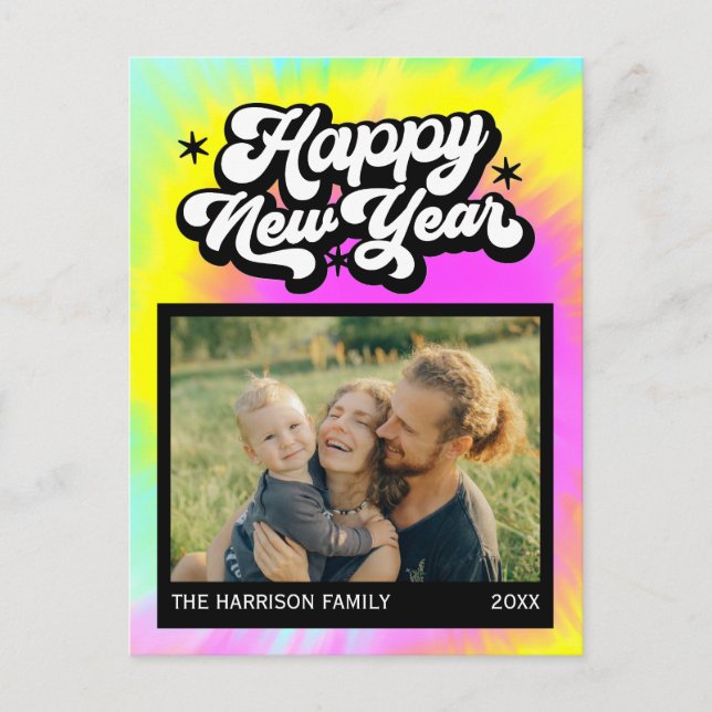 Rainbow Colourful Tie Dye Happy New Year Photo  Postcard (Front)