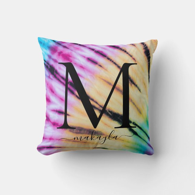Rainbow Colourful Tie-Dye Teen Monogram Name Cushion (Front)