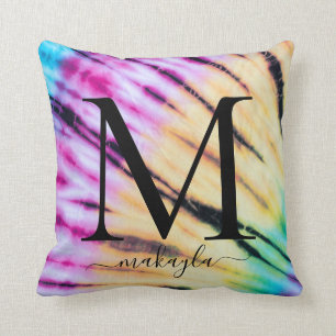 Rainbow Colourful Tie-Dye Teen Monogram Name Cushion