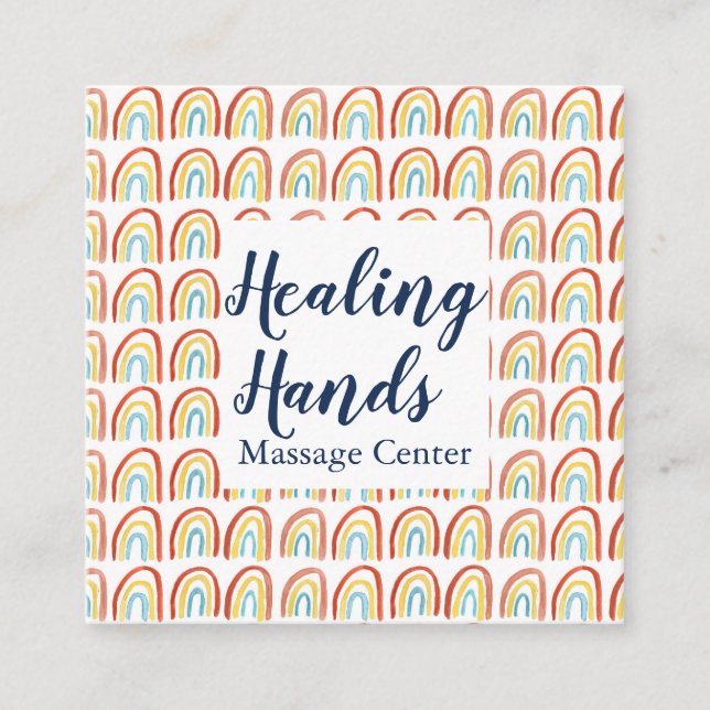 Rainbow Colourful Watercolor Massage Therapy Heal Square Business Card (Front)