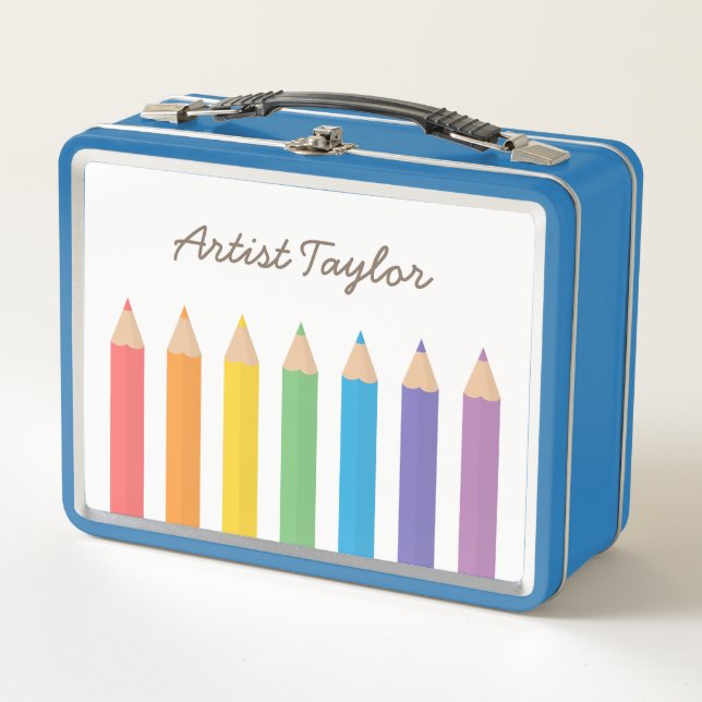 Rainbow Colouring Pencils Kids Personalised Metal Lunch Box (Front)