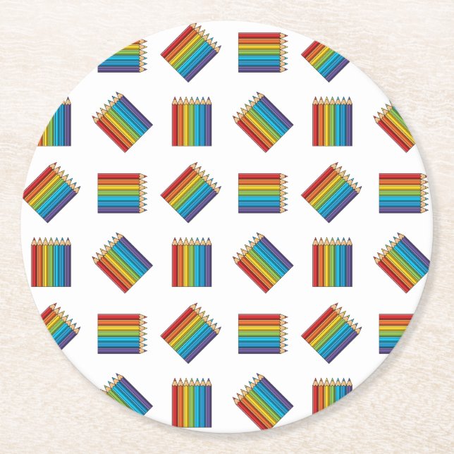 Rainbow Colouring Pencils Round Paper Coaster (Front)