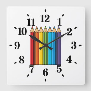 Rainbow Colouring Pencils Square Wall Clock