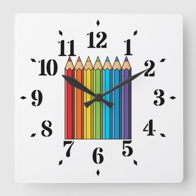 Rainbow Colouring Pencils Square Wall Clock (Front)