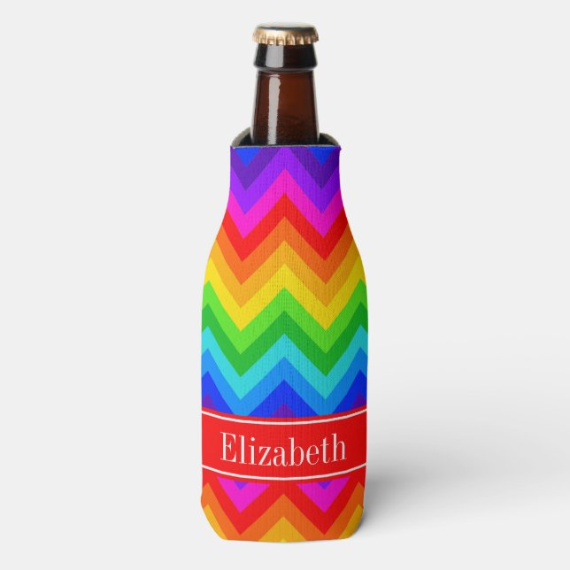 Rainbow Colours #2 LG Chevron Brt Red Name Monogra Bottle Cooler (Bottle Front)