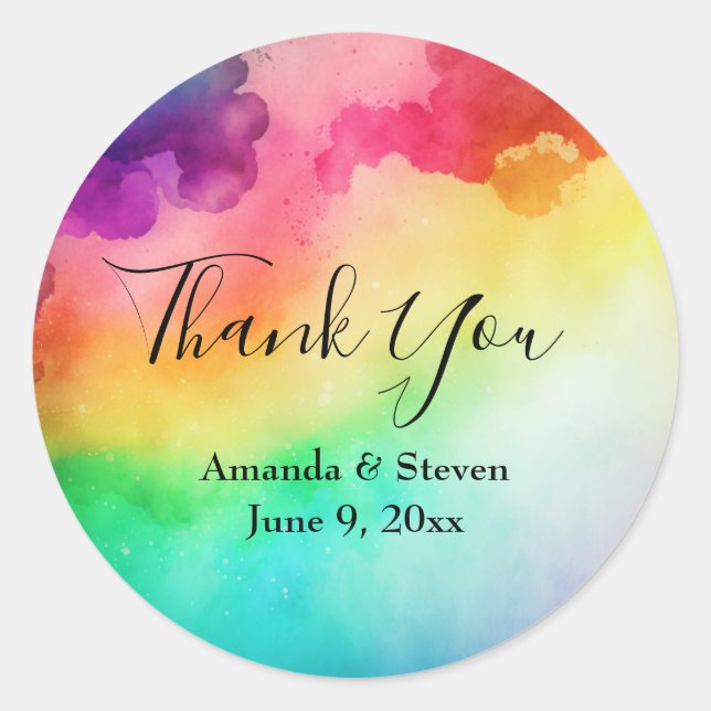 Rainbow Colours Abstract Design Wedding Thank You Classic Round Sticker (Front)