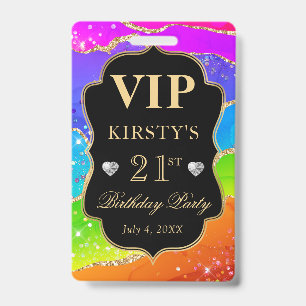 Rainbow Colours and Gold Glitter Agate Birthday VI ID Badge
