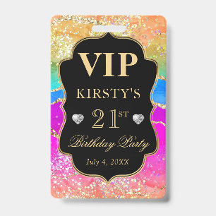 Rainbow Colours and Gold Glitter Agate Birthday VI ID Badge