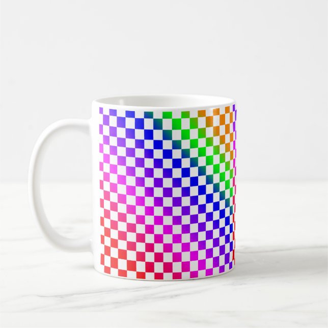Rainbow Colours and White Chequerboard Pattern Coffee Mug (Left)