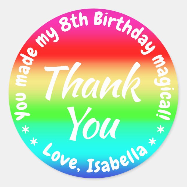 Rainbow Colours Birthday Party Girl Thank You Favo Classic Round Sticker (Front)