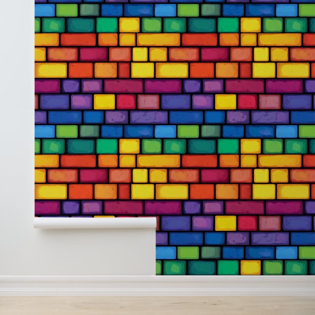 Rainbow Colours Brick Pattern Wallpaper (Application)