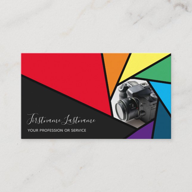 Rainbow colours camera aperture for Photographers Business Card (Front)