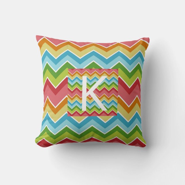 Rainbow colours chevron pattern Monogram Cushion (Front)