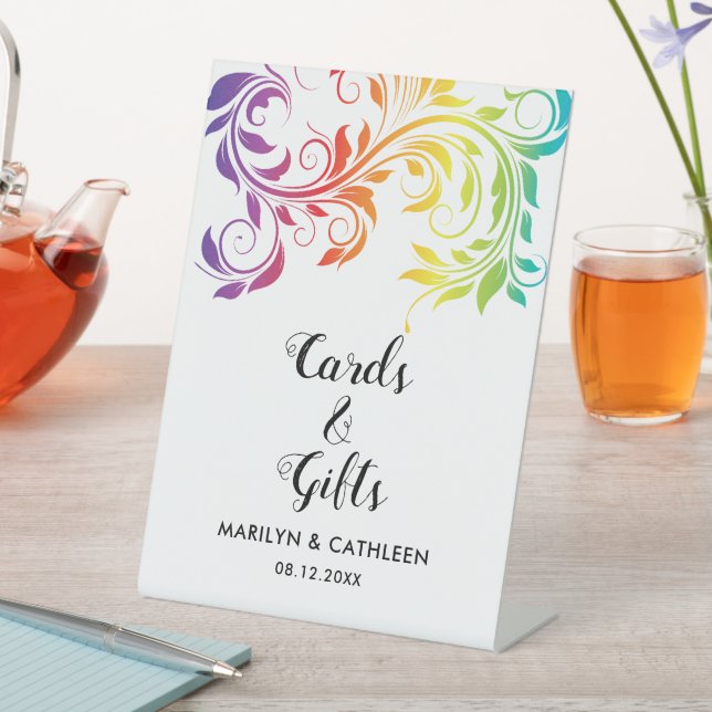 Rainbow colours colourful scroll gay lesbian weddi pedestal sign (In SItu)