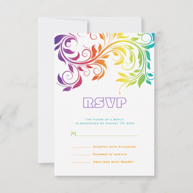 Rainbow colours colourful scroll leaf wedding RSVP (Front)