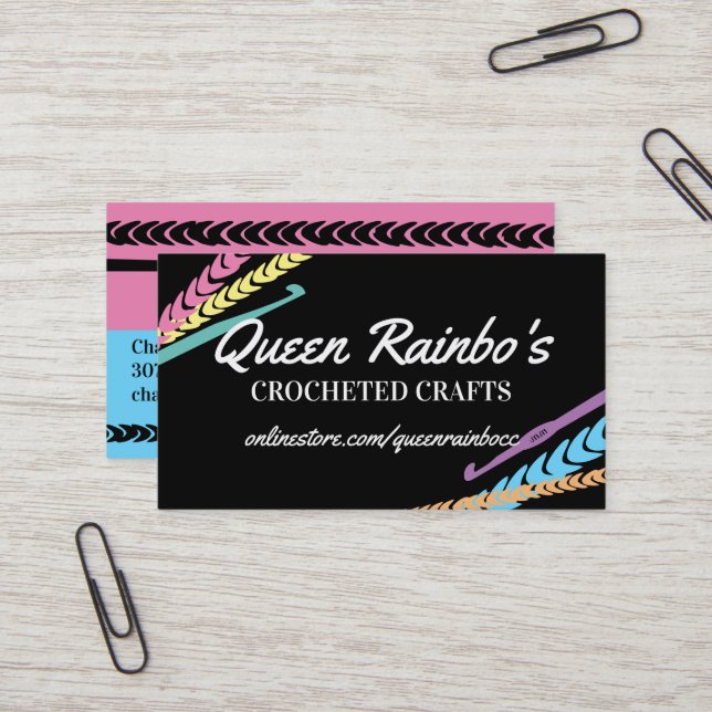 Rainbow colours crochet hook yarn stitches business card (Front/Back In Situ)