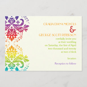 Rainbow colours damask wedding invitation