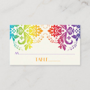 Rainbow colours damask wedding place card