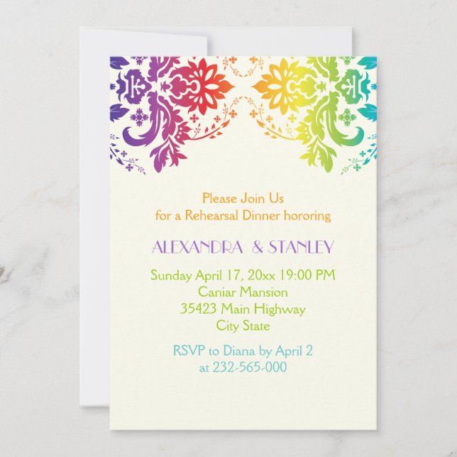 Rainbow colours damask wedding rehearsal dinner invitation (Front)