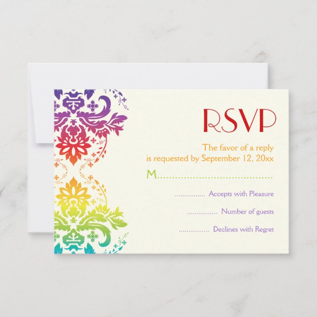 Rainbow colours damask wedding RSVP Card (Front)