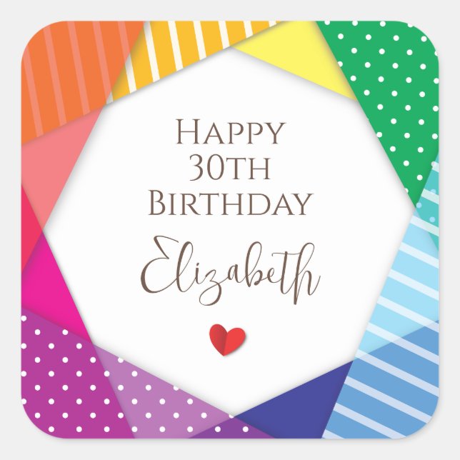 Rainbow Colours Festival Themed Happy 30th Birthda Square Sticker (Front)