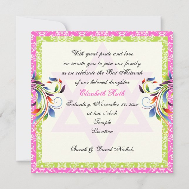 Rainbow colours flourish & Star of David damask Invitation (Front)