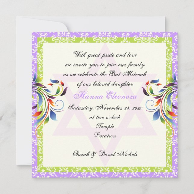 Rainbow colours flourish & Star of David damask Invitation (Front)