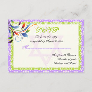 Rainbow colours flourish, Star of David damask RSV RSVP Card