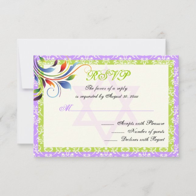 Rainbow colours flourish, Star of David damask RSV RSVP Card (Front)