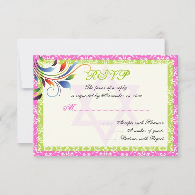 Rainbow colours flourish, Star of David damask RSV RSVP Card (Front)