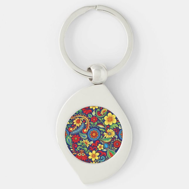 Rainbow Colours Flower Paisley Design Key Ring (Front)