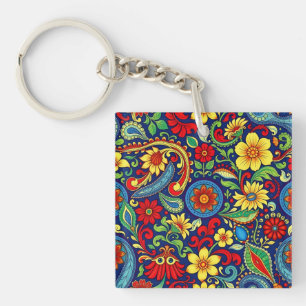 Rainbow Colours Flower Paisley Design Key Ring