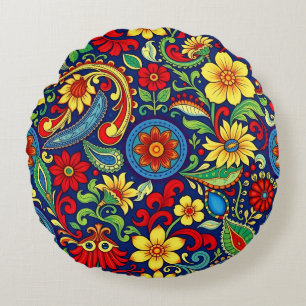 Rainbow Colours Flower Paisley Design Round Cushion