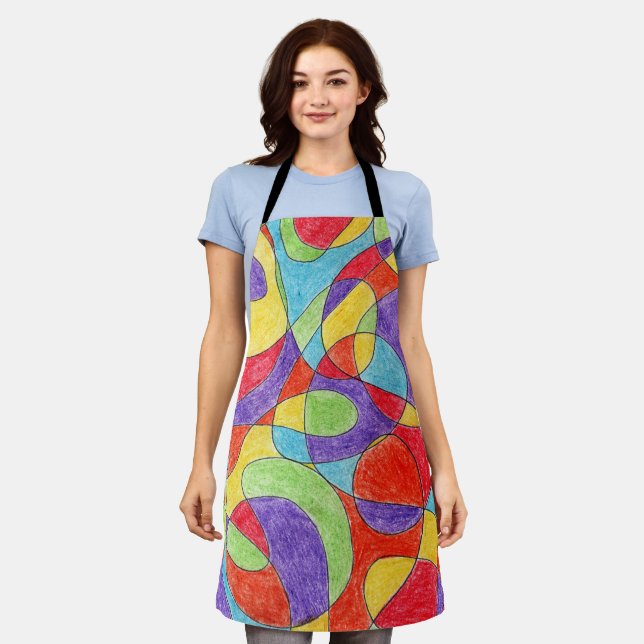 Rainbow Colours Hand Drawn Crayon Doodle Pattern Apron (Worn)