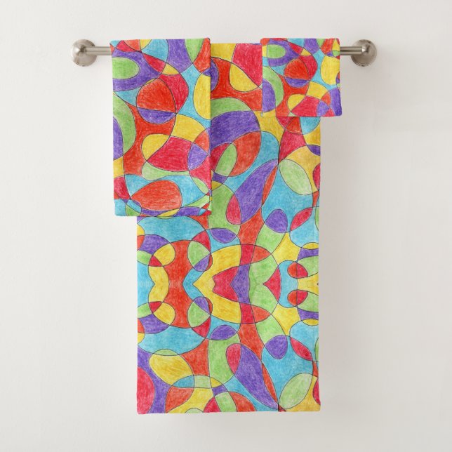 Rainbow Colours Hand Drawn Crayon Doodle Pattern Bath Towel Set (Insitu)