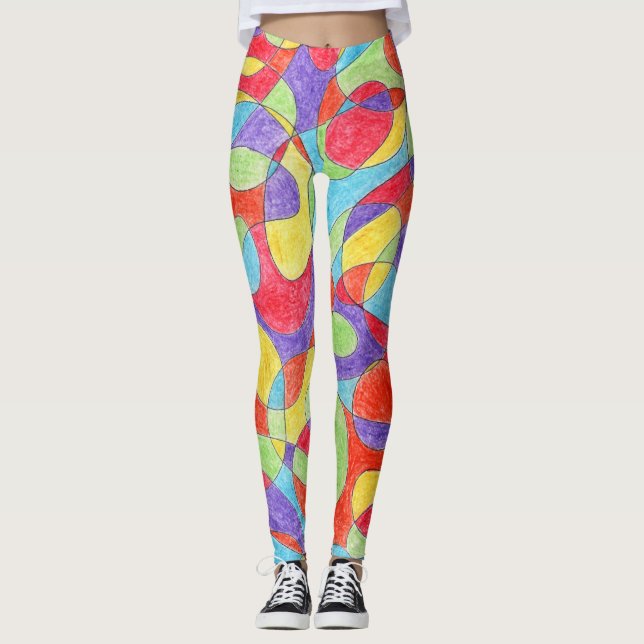 Rainbow Colours Hand Drawn Crayon Doodle Pattern Leggings (Front)