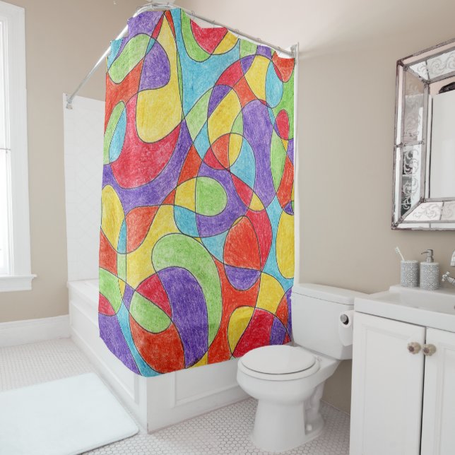 Rainbow Colours Hand Drawn Crayon Doodle Pattern Shower Curtain (In Situ)