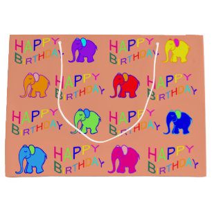 Rainbow Colours Happy Cartoon Elephants Birthday Large Gift Bag