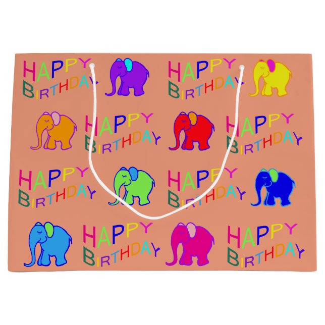 Rainbow Colours Happy Cartoon Elephants Birthday Large Gift Bag (Front)