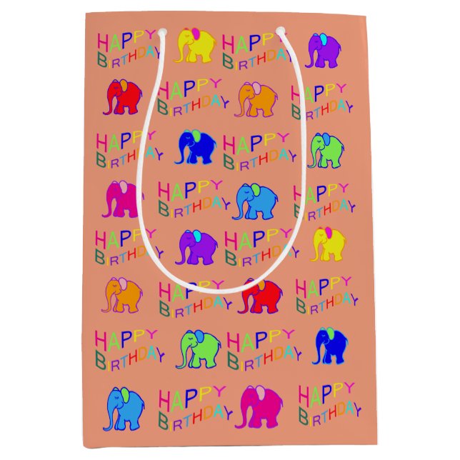 Rainbow Colours Happy Cartoon Elephants Birthday Medium Gift Bag (Front)