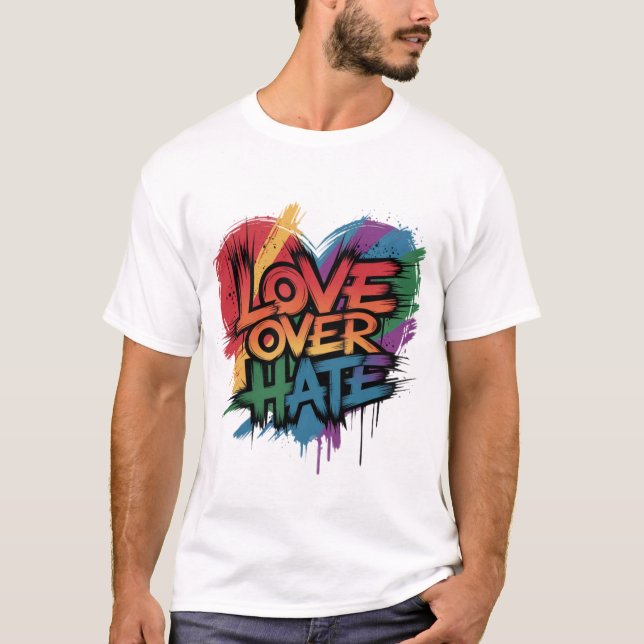 Rainbow colours Heart Love over Hate T-Shirt (Front)