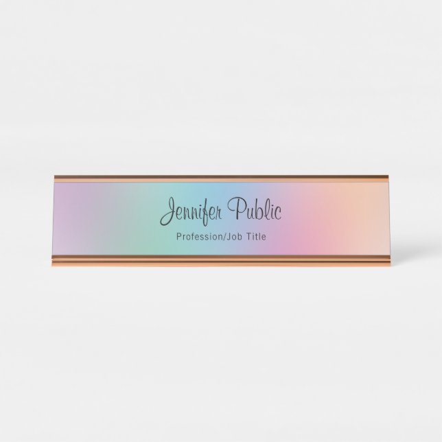 Rainbow Colours Modern Elegant Template Rose Gold Desk Name Plate (Front)