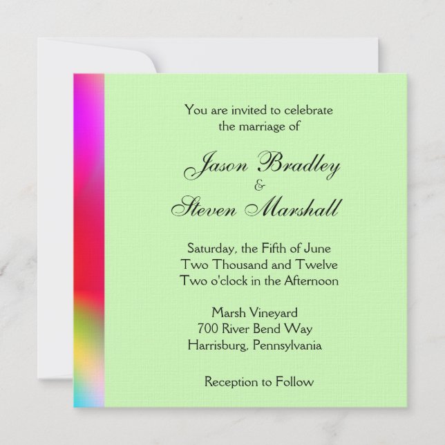 Rainbow Colours on Green Wedding Invitation (Front)