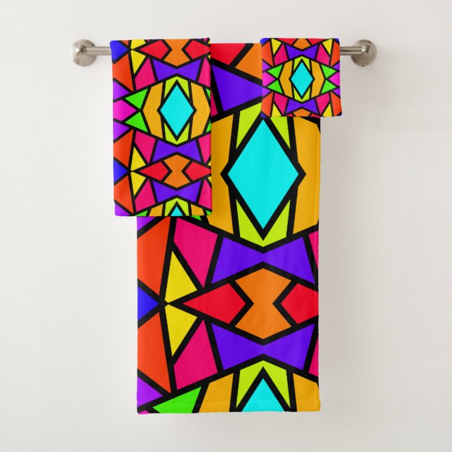 Rainbow Colours Patchwork Geometric Repeat Pattern Bath Towel Set (Insitu)