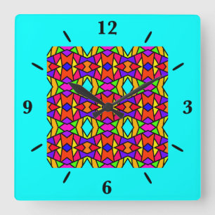 Rainbow Colours Patchwork Geometric Repeat Pattern Square Wall Clock