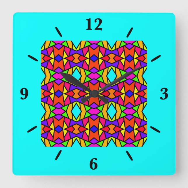 Rainbow Colours Patchwork Geometric Repeat Pattern Square Wall Clock (Front)