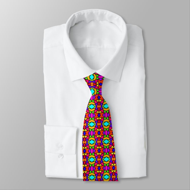 Rainbow Colours Patchwork Geometric Repeat Pattern Tie (Tied)