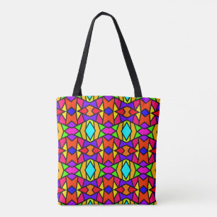 Rainbow Colours Patchwork Geometric Repeat Pattern Tote Bag
